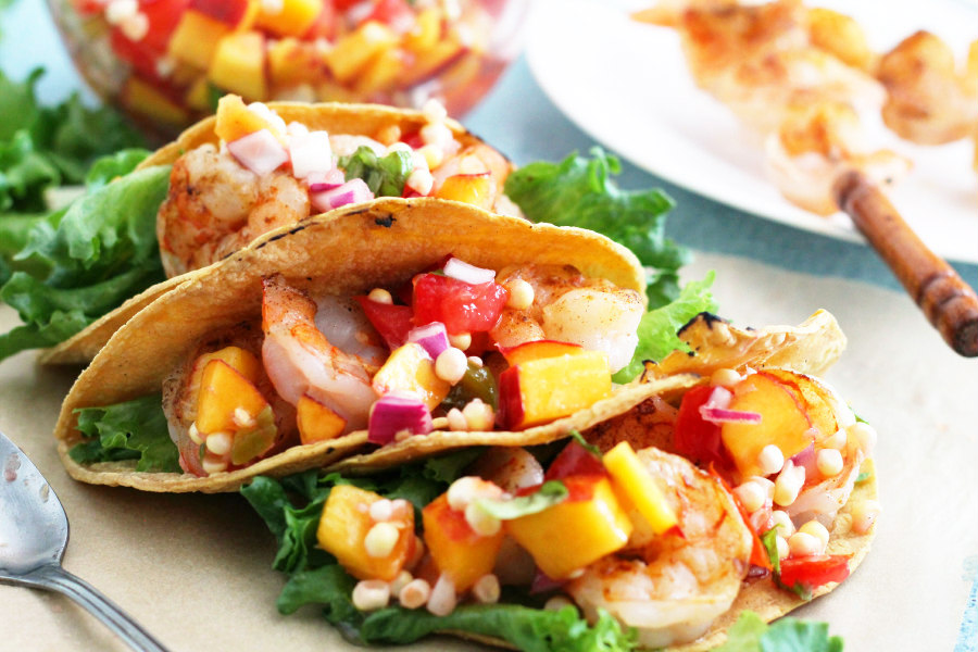Grilled Shrimp Tacos with Peach Corn Salsa