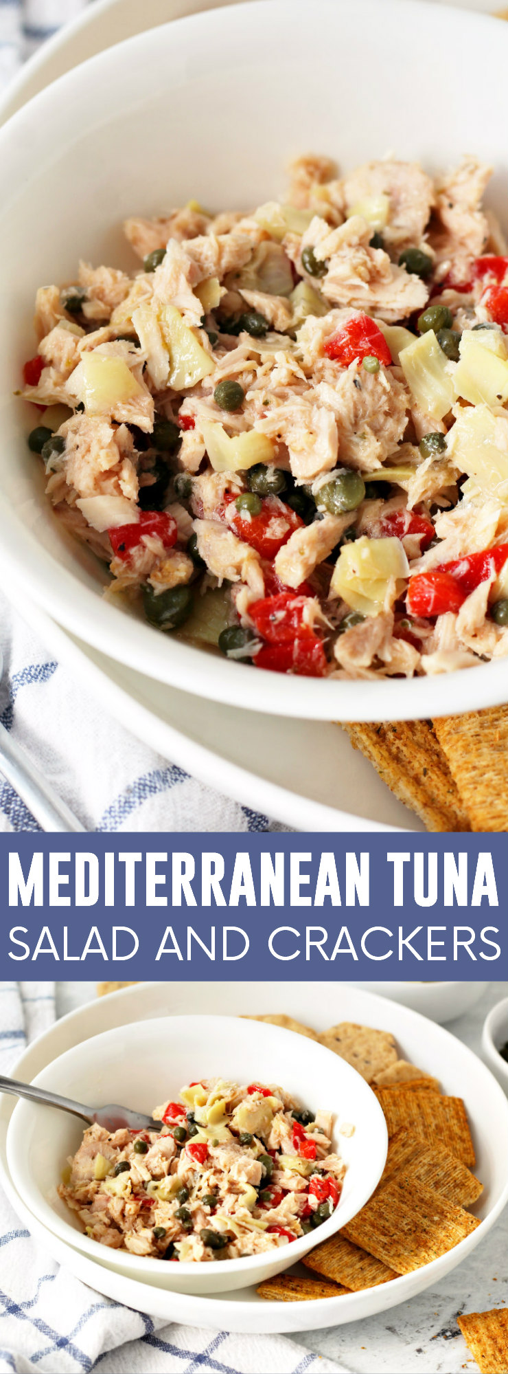 Mediterranean Tuna Salad and Crackers pinnable image.
