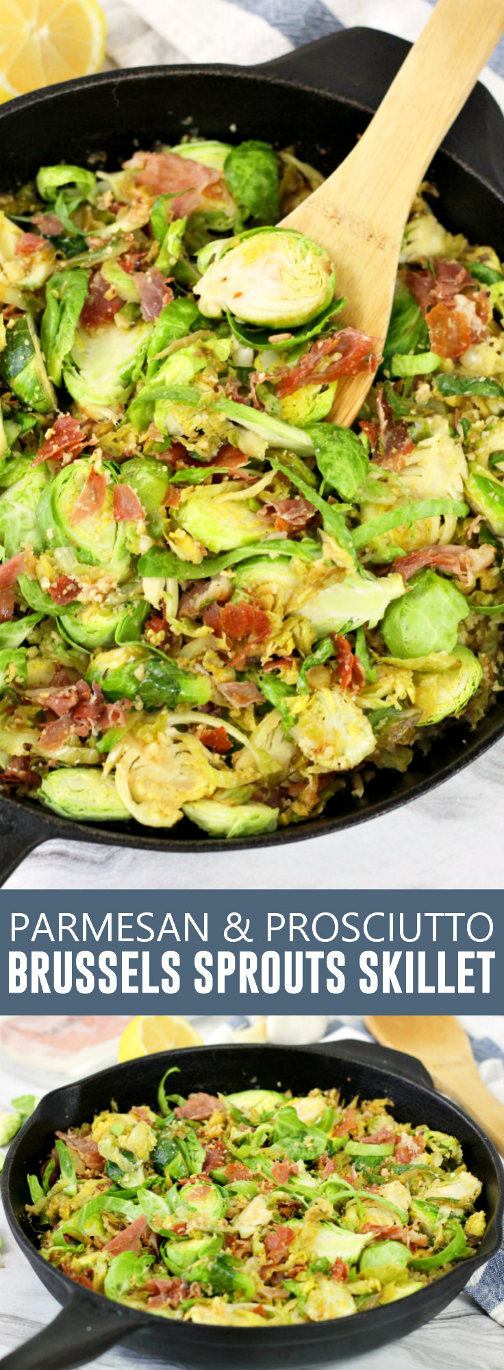 Parmesan and Prosciutto Brussels Sprouts Skillet pinnable image.