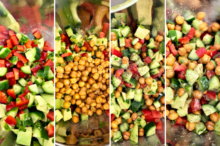 Crispy Chickpea and Avocado Salad ingredients being prepared in a mixing bowl.
