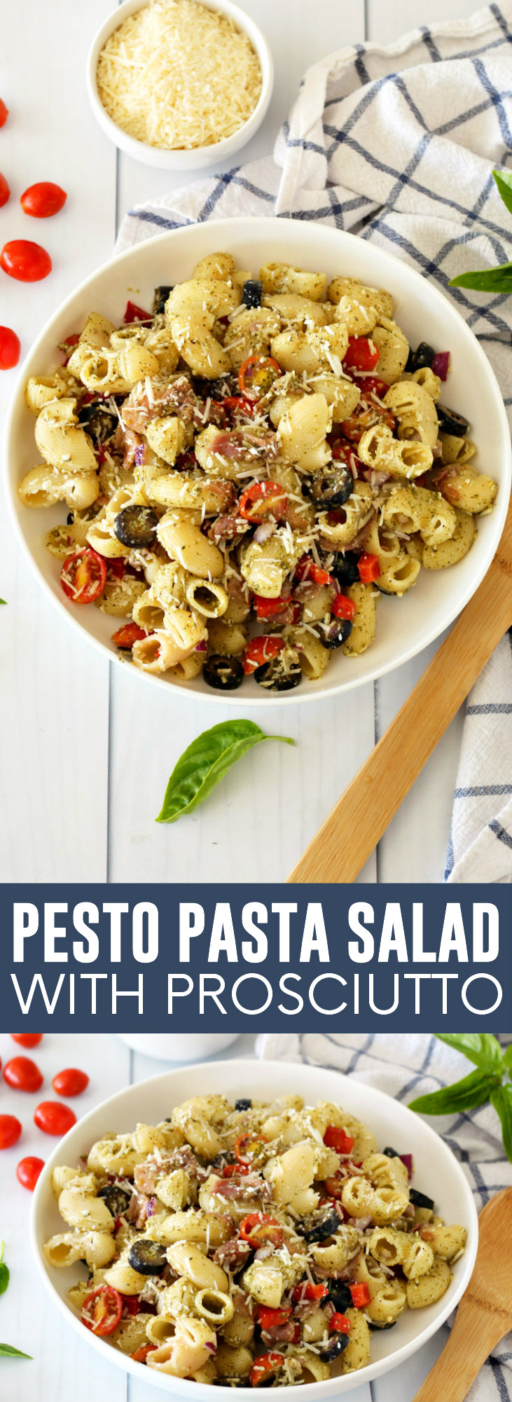 Pesto Pasta Salad with Prosciutto pinnable image.
