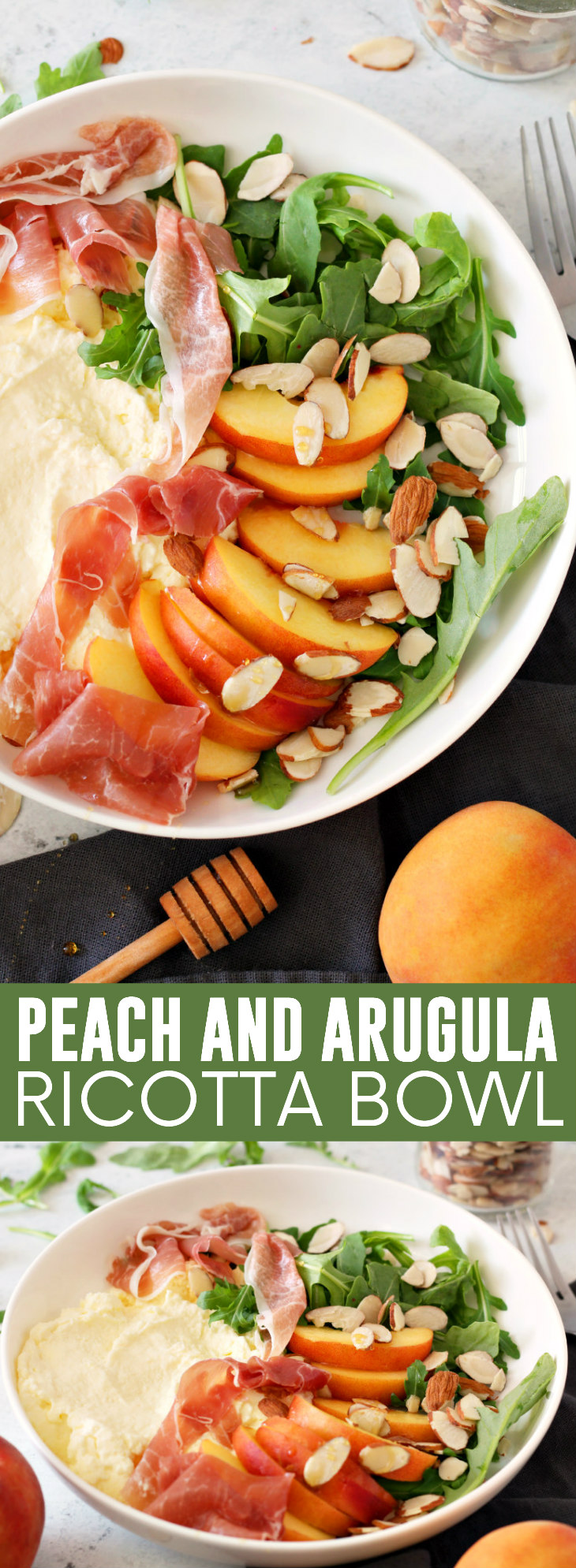 Peach and Arugula Ricotta Bowl pinnable image.