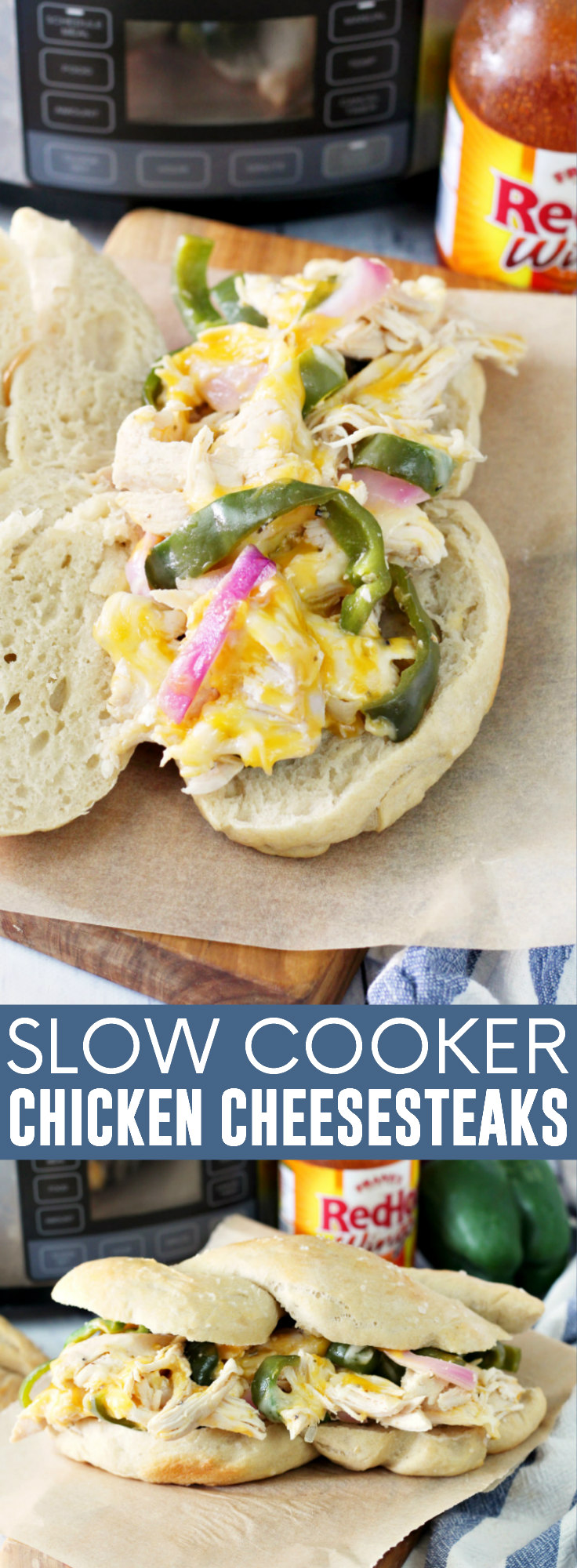 Slow Cooker Chicken Cheesesteaks pinnable image.