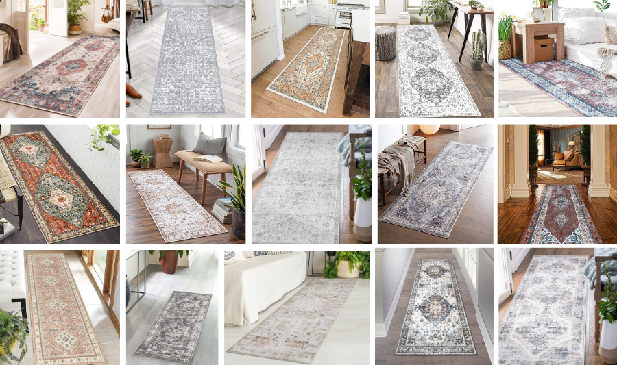 Horizontal collage of vintage distressed style runner rugs.