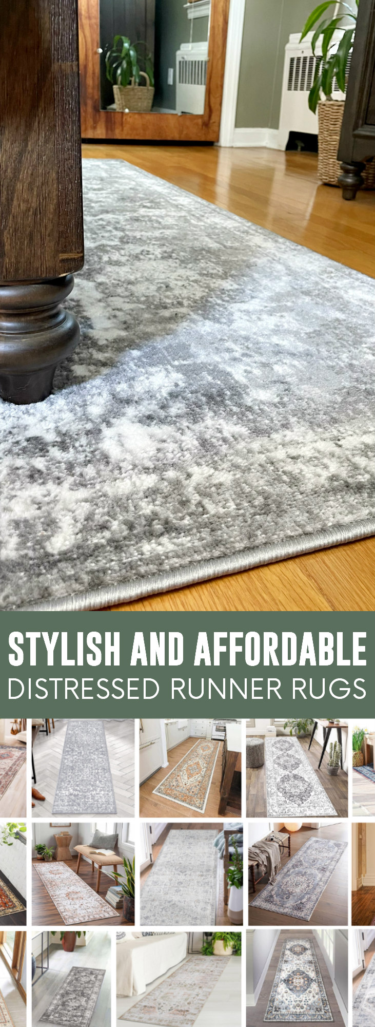 Stylish and Affordable Distressed Runner Rugs pinnable image.
