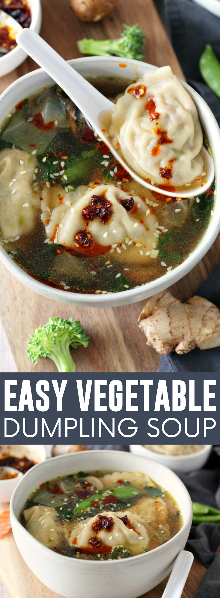 Easy Vegetable Dumpling Soup pinnable image.