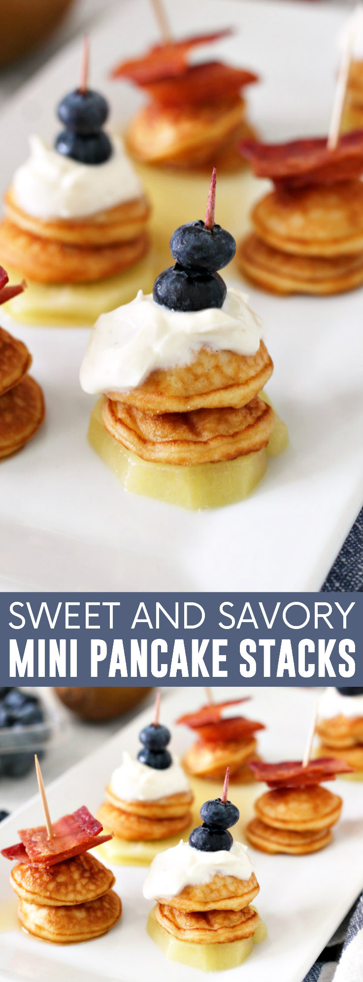 Sweet and Savory Mini Pancake Stacks pinnable image.