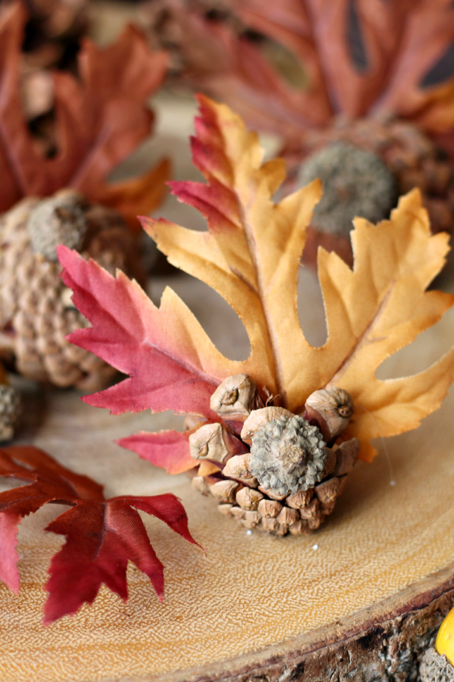 Thanksgiving Pine Cone Turkey put together with a pine cone, acorn cap, and faux maple leaf. Turkeys sit on wood slice.